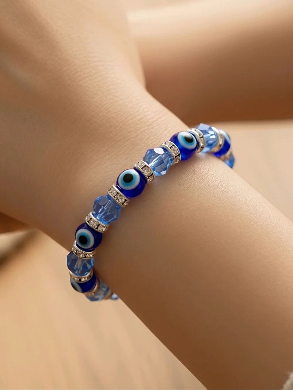 Blue Crystal Evil Eye Bracelet Rhinestone Stretch Nazar Protection Jewelry